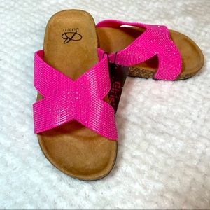 NWT - Girls Birkenstock Look A Like, Pink Double X Strap, Silver Glitter Slides